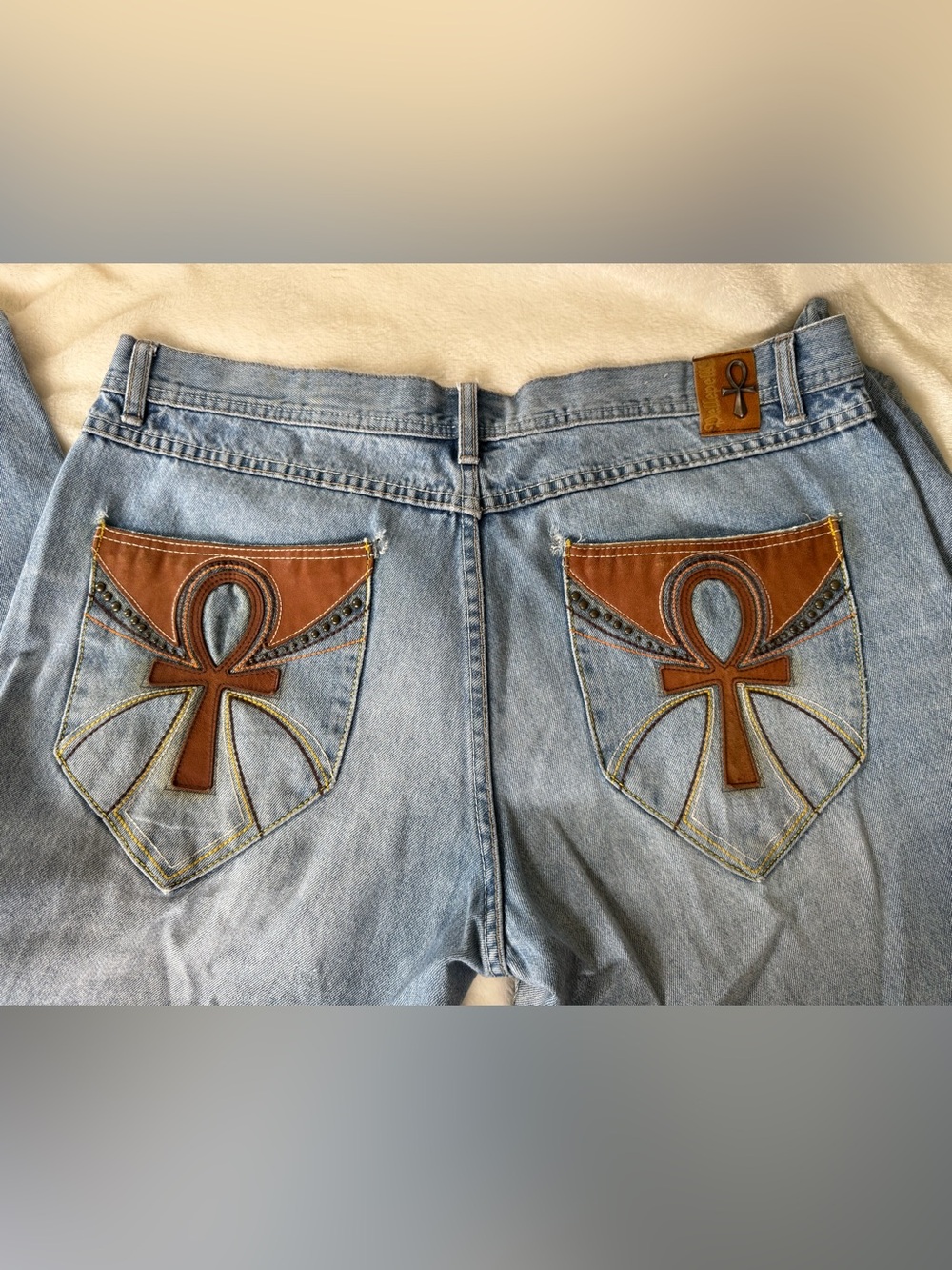 RARE VTG Y2K PellePelle Ankh Embroidered and Studded Jeans 40x34